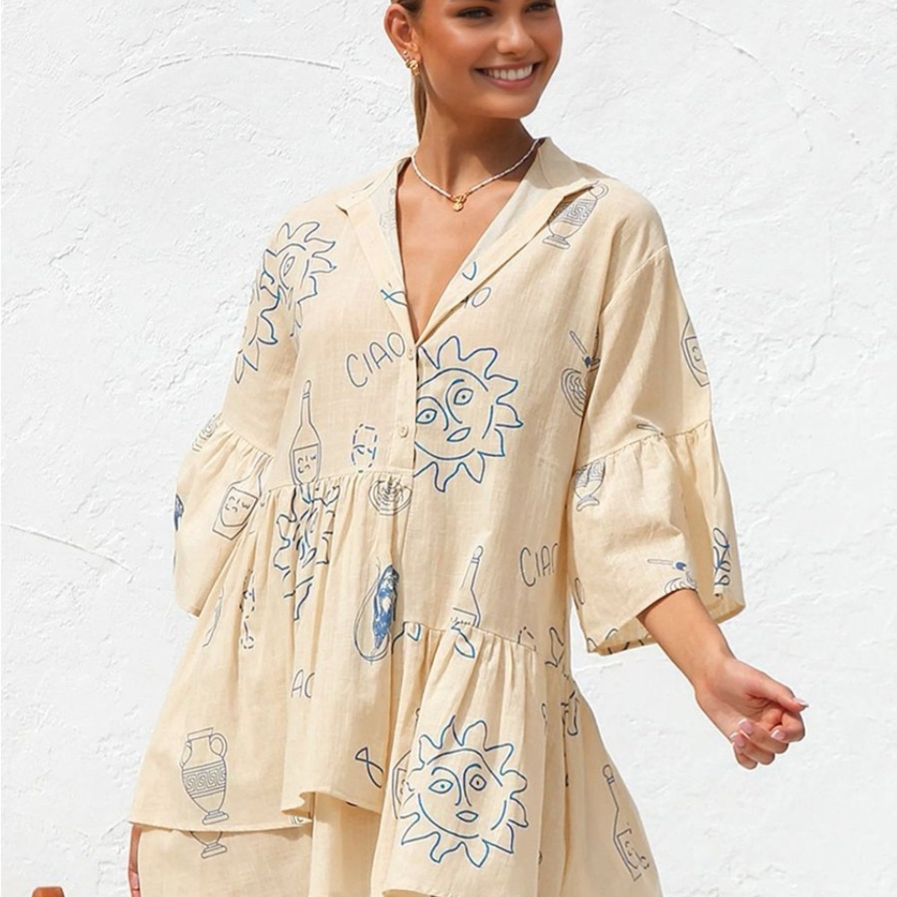 Commense Cream Mini Dress with Blue Sun & Sketch Print